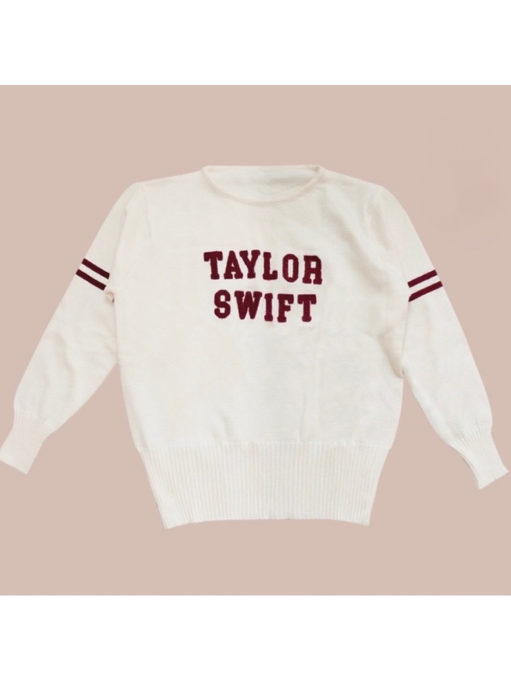 Taylor Swift Varsity Knit Sweater in Ivory Cream and Maroon Burgundy